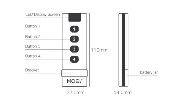 Dimensions de la télécommande ZigBee Moes ZS-SR4-2169-MS